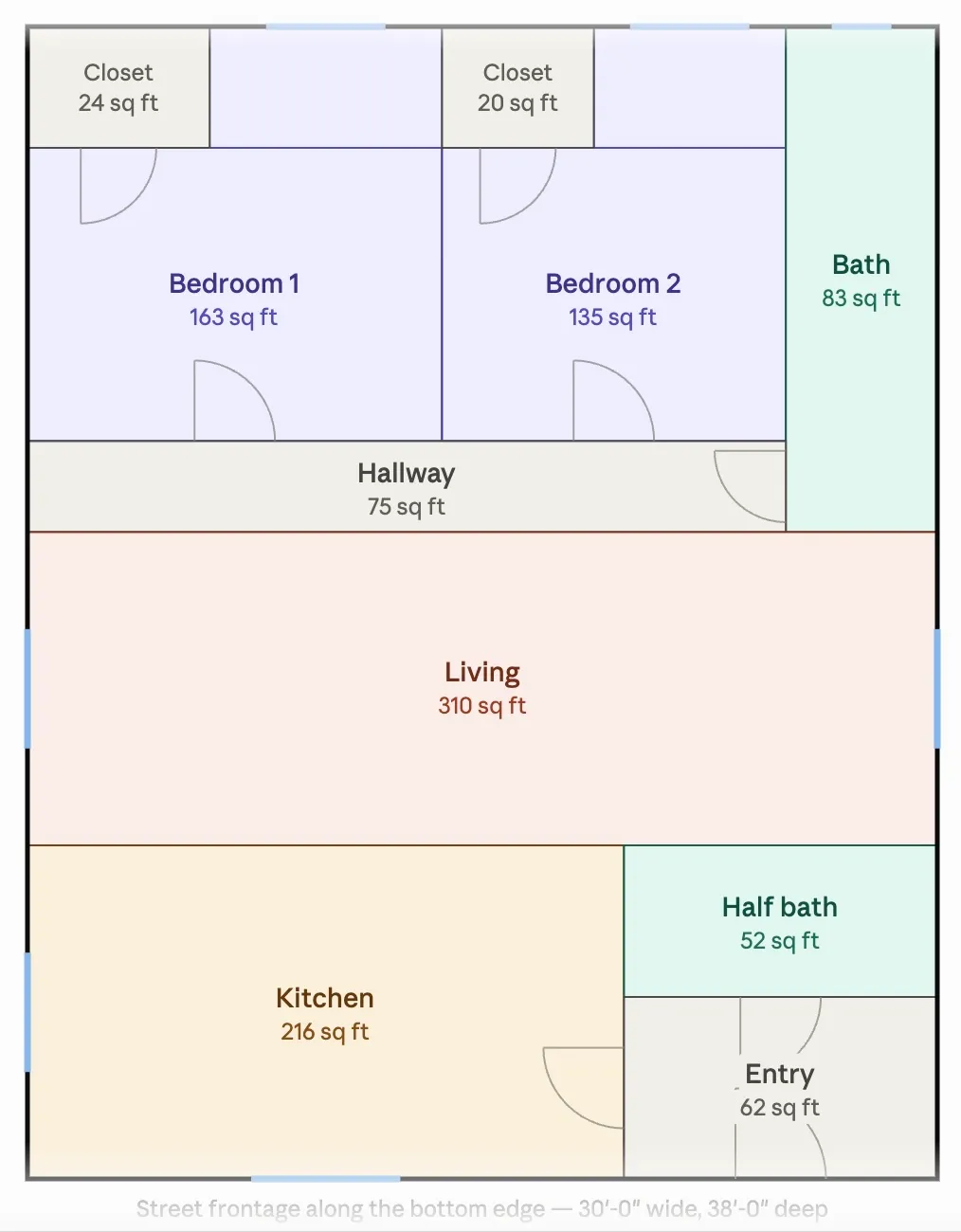 A two-bedroom plan generated by Floorcraft, with dimensioned rooms, doors, windows and street frontage